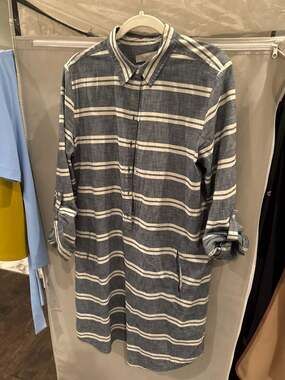 LOFT Blue and White Striped Chambray Shirt Dress with Roll-Tab Sleeves and Pocke